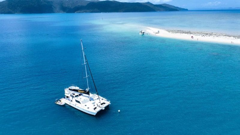 Wings Premium Whitsundays catamaran anchored off a pristine sandy isle, turquoise waters, and lush green hills in the background.