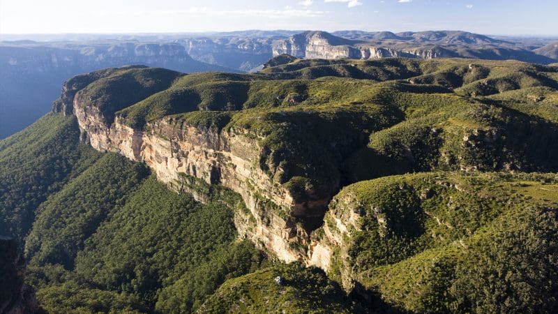 Stunning aerial panorama of lush, rugged Blue Mountains cliffs on a 1 Day Wildlife Park Trip beneath a vibrant clear blue sky.