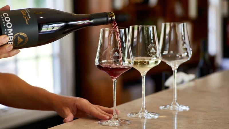 A hand elegantly pours vibrant red wine into a crystal glass on a counter prepared for gourmet wine and gin tasting, perfect for connoisseurs.