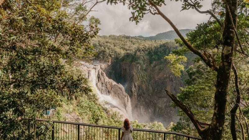 Person on platform overlooking powerful waterfall cascading into expansive wetlands amid lush, green hills; breathtaking scenic view.