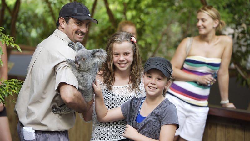 At Hartleys Crocodile Adventures, a man holds a koala with two smiling girls whilst a woman observes, perfect for family wildlife fun.