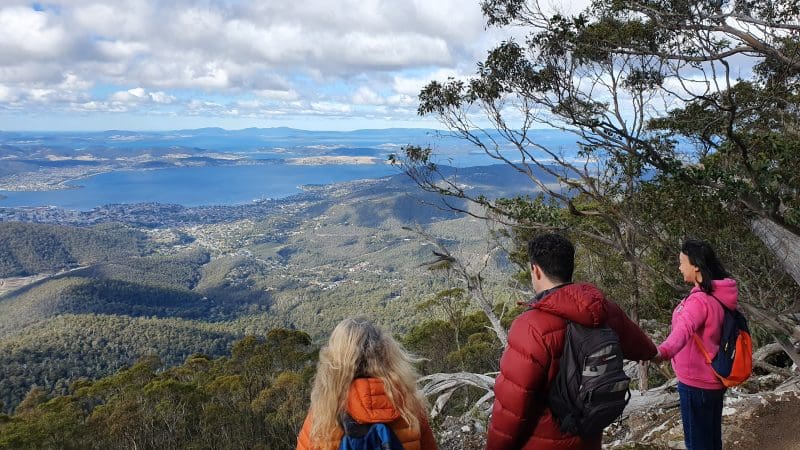 Three walkers with rucksacks enjoy breathtaking views of a picturesque valley during a Mount Wellington Morning Walking Tour, clouds overhead.