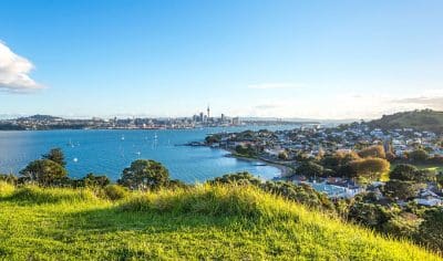 Panoramic view of Auckland City featuring lush green hills, residential homes, and iconic skyline beneath a bright, clear blue sky.