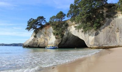 Stunning sandy Coromandel Beach with gentle waves, sea caves, lush forest above, and a vibrant yellow-blue boat on clear turquoise water.