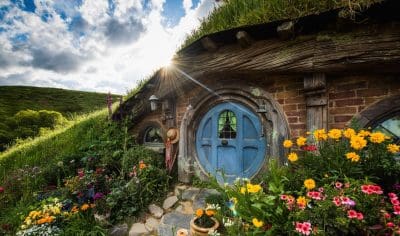 Charming hobbit house with iconic round blue door at Hobbiton Film Set, nestled amid vibrant flowers and lush green grass.