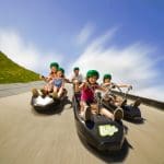 Five kids in helmets race luges downhill in Rotorua on a sunny day, laughing and enjoying thrilling outdoor adventures together.