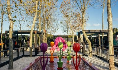 Vibrant tulip sculptures by a tranquil Matakana Art waterway, surrounded by lush trees, walkways, and a striking pink Wine Village sculpture.