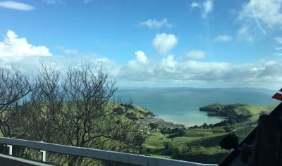 Scenic view of Coromandel Beach from roadside featuring lush green hills, turquoise blue sea, and clear sky under bright sunlight.