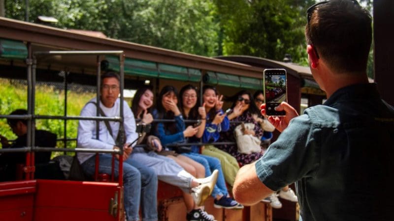 A man takes a photo of happy passengers enjoying the Puffing Billy Steam Train Tour, with lush trees and sunlight in the scenic background.