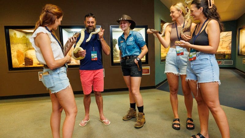 Group of five smiling visitors holding snakes with a hat-wearing guide during a Big Croc Encounter VIP Tour inside a museum exhibit.