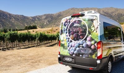 Premium wine tour van stationed beside lush vineyards and scenic mountains under clear skies, ideal for unforgettable wine tasting tours.