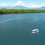 Experience a scenic Cairns City Sights River Cruise as a small white boat glides along a wide river, framed by lush greenery and mountains.