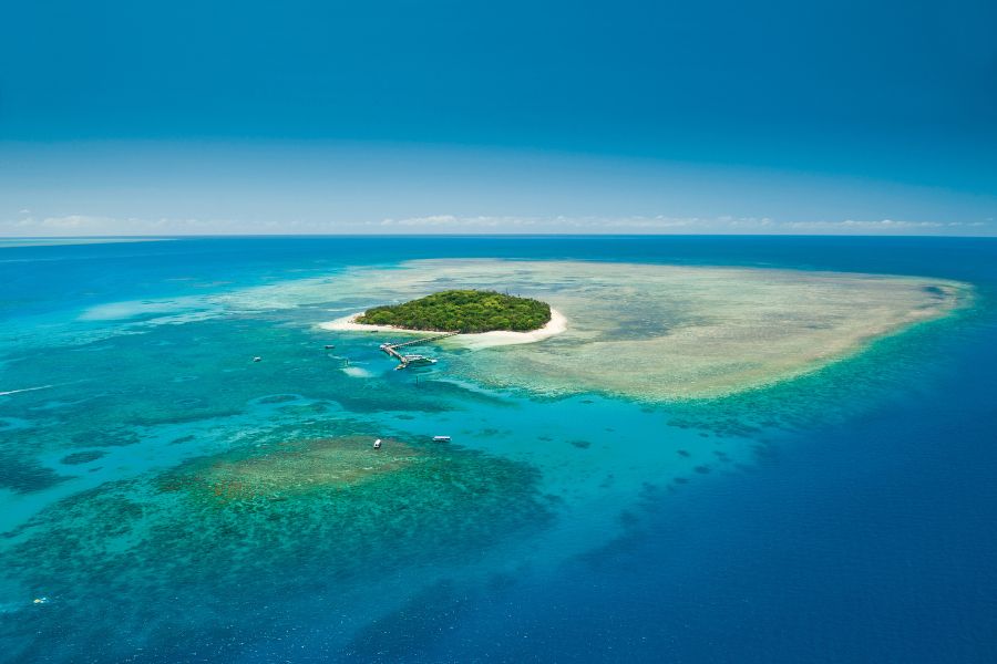 Discover a stunning, lush island near Cairns City Sights, encircled by turquoise waters and vibrant coral reefs beneath a sunny blue sky.