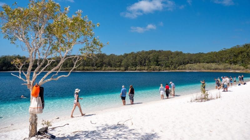 Travellers enjoy a scenic walk on pristine white sands during the 16-Day Best of East Coast Australia Comfort Tour from Sydney.