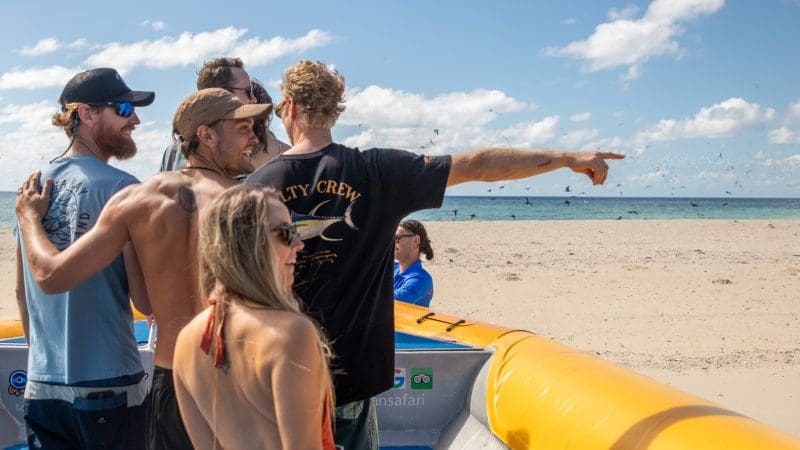 Five tourists on a bright yellow inflatable boat approach a pristine sandy beach during an exciting Great Barrier Reef Eco Adventure tour.