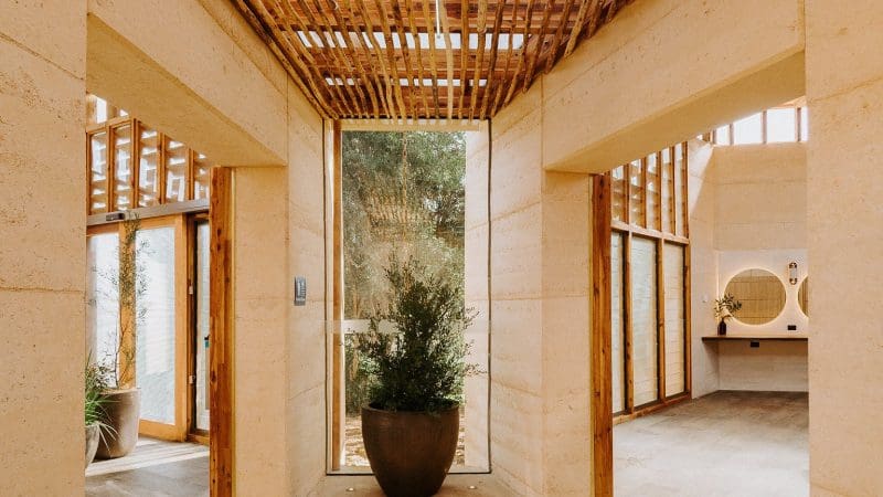 Contemporary space with stone walls, bamboo ceiling, lush potted plants—immersive Peninsula Hot Springs 1 Day spa atmosphere.