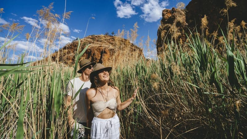 Two hikers in sun hats trek through lush tall grass beneath clear blue skies during a 1 Day West MacDonnell Ranges Standley Chasm tour.