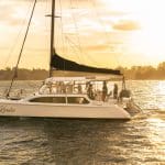A white catamaran glides at sunset on Sydney Harbour as guests enjoy a BYO Sparkle Cruise, with iconic city views in the background.