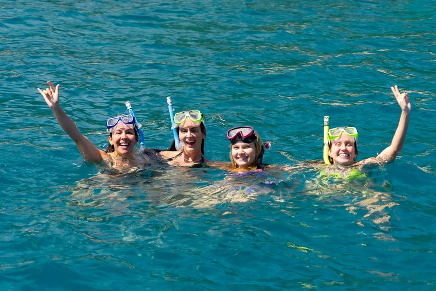four people in the water in the whitsundays snorkelling
