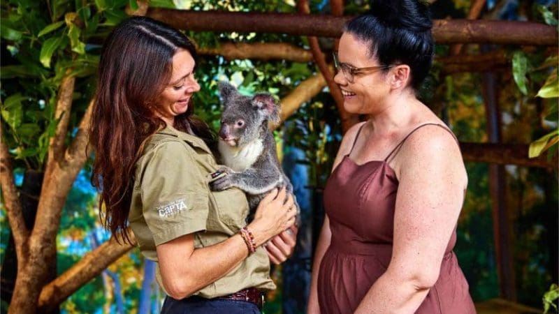 Two women smile at a koala at Cairns Koalas, surrounded by trees on the CSCKC Tour in a zoo or sanctuary setting.