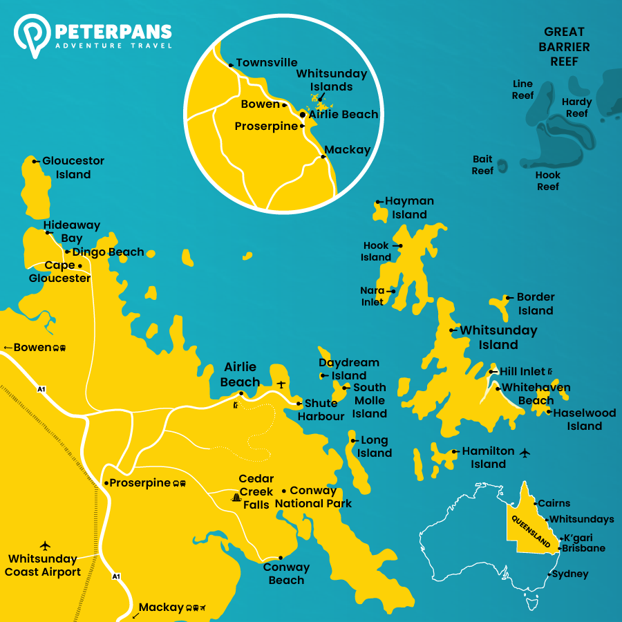 a map of Australia's Whitsunday Coast showing the main tourist highlights